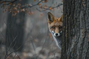 a fox peeking out from behind a tree background photo