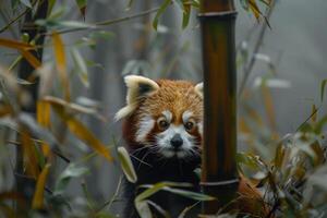 a red panda is peeking out from behind some bamboo background photo