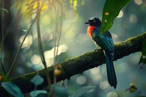 a colorful bird is sitting on a branch in the forest background photo