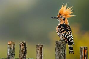 a bird with a mohawk perched on a fence background photo