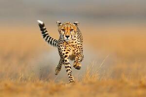 a cheetah running through the grass in the wild background photo