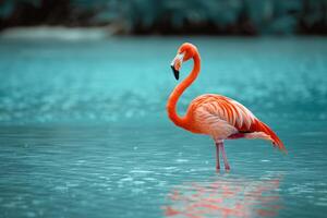 a flamingo standing in the water with its head down background photo