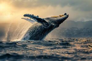 a humpback whale is jumping out of the water background photo