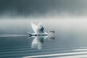 a swan is floating on a lake in the fog background photo