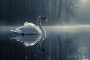 a swan is floating on the water in a foggy forest background photo