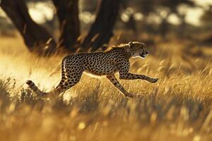 a cheetah running through tall grass in the morning background photo