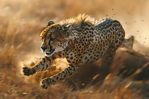 a cheetah running through the grass in the wild background photo