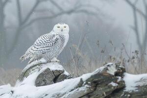 a snowy owl perched on a tree branch in the snow background photo