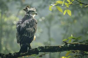 a large bird sitting on a branch in the forest background photo