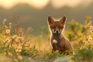 a fox cub sitting in a field of grass background photo