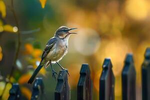 a bird is perched on a fence with its mouth open background photo