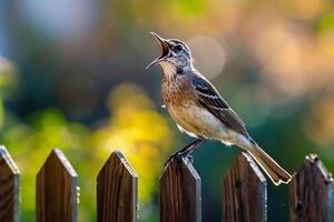 a bird is standing on a fence with its mouth open background photo