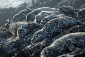 a group of seals laying on the rocks background photo