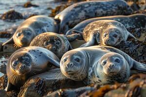 a group of seals laying on the rocks background photo