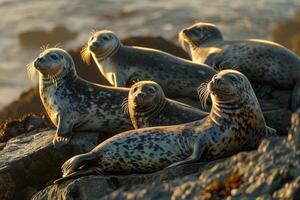 a group of seals sitting on rocks near the ocean background photo