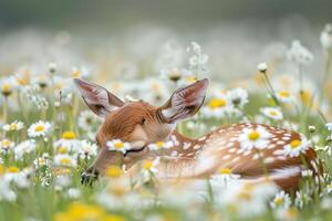 a fawn is sleeping in a field of flowers background photo