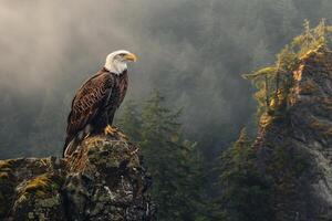 bald eagle perched on a rock in the foggy forest background photo
