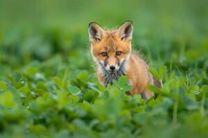 a fox in a field of green plants background photo