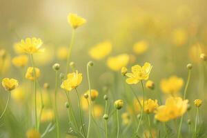 yellow flowers in a field with a blurry background photo