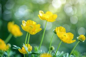 yellow flowers in the sunlight with a green background photo