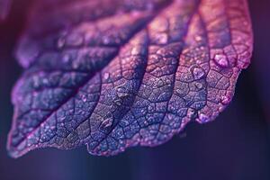 a  of a purple leaf with water droplets background photo
