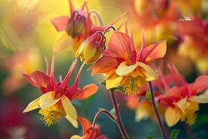 columbine flowers in bloom with sunlight shining through background photo