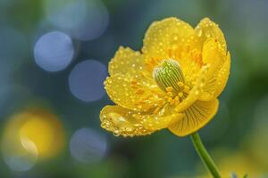 a yellow flower with water droplets on it and background photo
