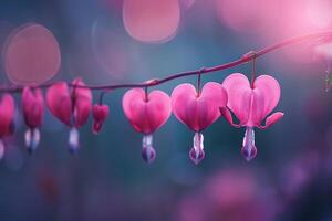 pink bleeding heart flowers hanging from a branch with background photo