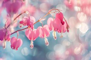 pink bleeding heart flowers on a tree branch with background photo