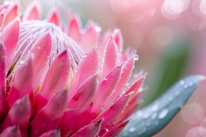 a pink protea flower with water droplets on it and background photo