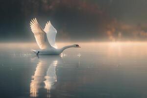 Swan in flight on a lake with foggy background photo