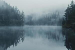 A lake surrounded by trees and fog background photo