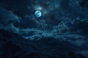 A full moon is seen in the sky over a mountain background photo