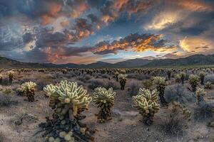A desert landscape with cactus plants and clouds background photo
