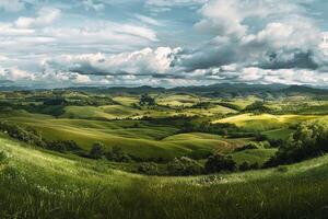 A beautiful landscape with green hills and clouds photo