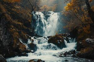 A waterfall in the middle of a forest with trees photo