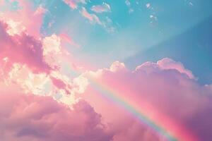 A rainbow seen in the sky above a cloudy sky background photo