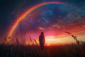 A person standing in a field with a rainbow in the sky background photo