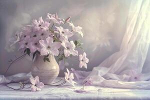 A vase with flowers on a table background photo