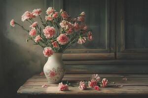 Still life pink carnations in a vase on a table with a background photo