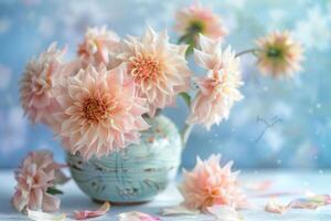 A vase with pink flowers on a table with a background photo