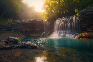 A waterfall in the woods with sunlight shining on it with a background photo
