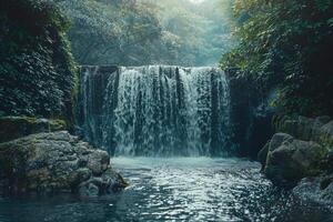 A waterfall in the jungle with a stream flowing through it with a background photo