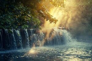 a waterfall in the forest with sunlight shining through the trees background photo