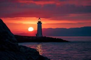 a lighthouse is silhouetted against a red sunset background photo