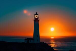 the sun sets behind a lighthouse on a rocky cliff background photo