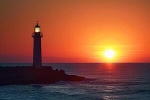 a lighthouse is seen in the sunset background photo