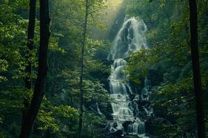 a waterfall in the woods with trees and green grass background photo