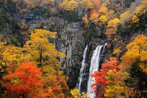 a waterfall surrounded by colorful trees in the fall background photo