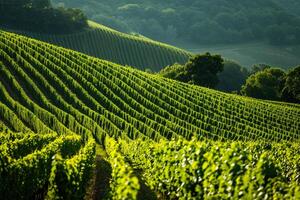 a vineyard field with rows of green vines background photo